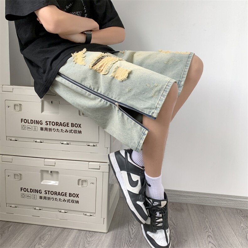 新款侧边拉链开叉牛仔裤破洞短裤男潮牌痞帅裤子高街N0504-P45,男装牛仔裤,星座308B-1