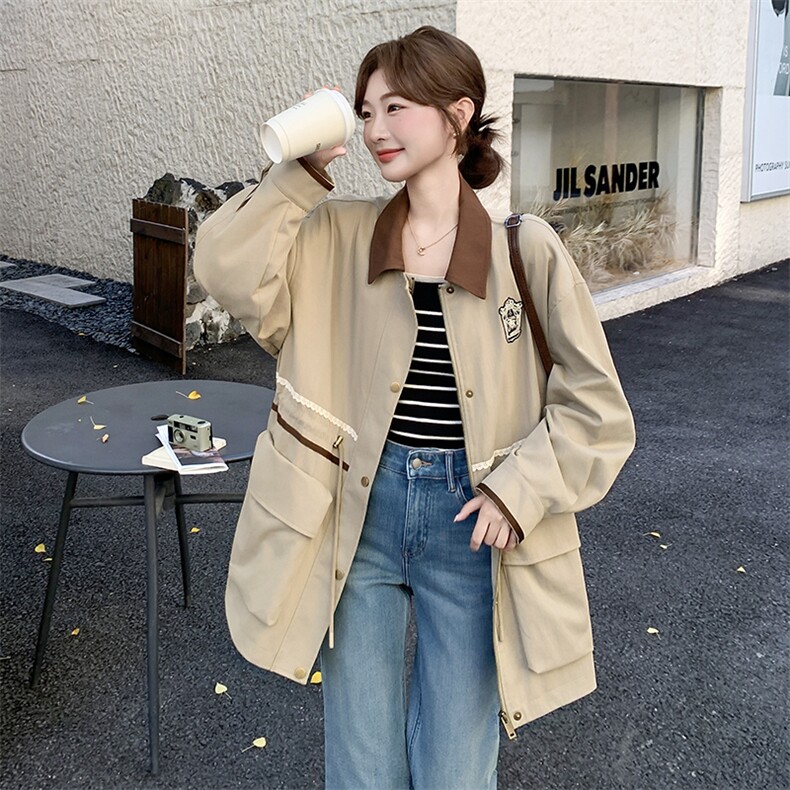 新款【现货】卡其色韩系撞色外套192-629P170K248，女装风衣，浙宝192（原082）