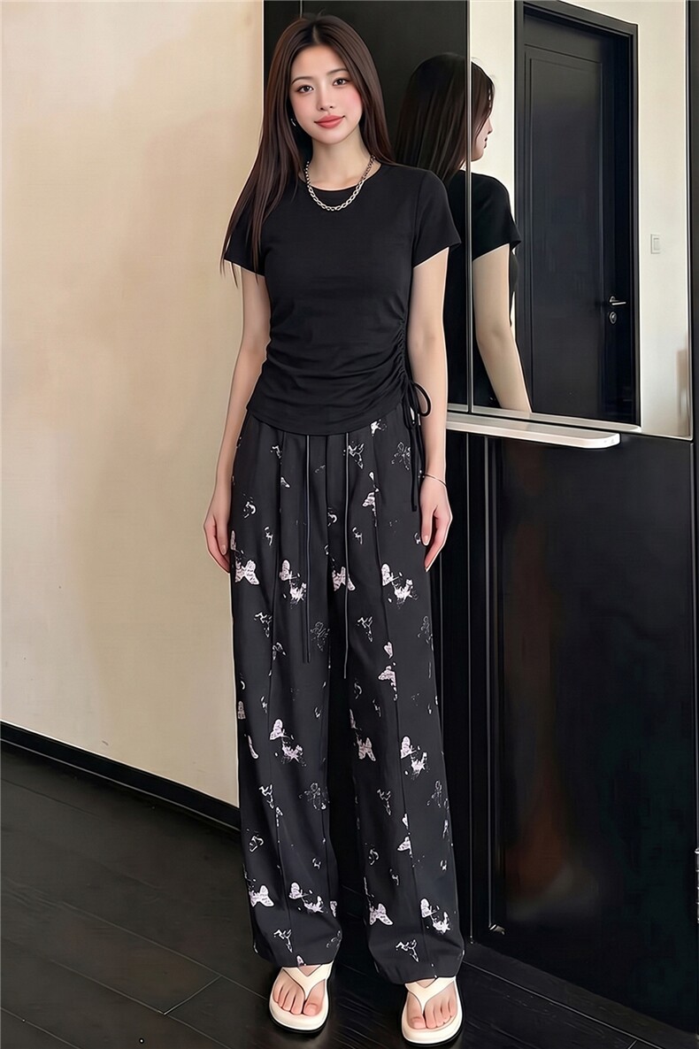 韩版休闲运动套装女夏季新款修身显瘦圆领短袖上衣印花长裤两件套,女装套装/套裙,江南