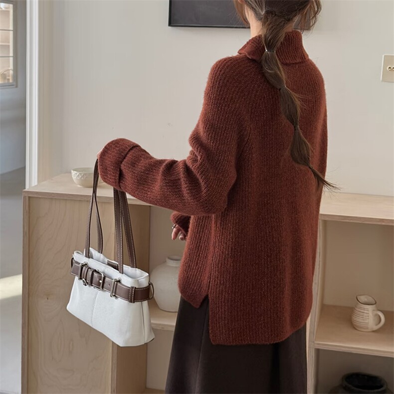 2025年秋季高领加金丝中长款套头时尚百搭通勤简约休闲，女装羊毛衫，新胜羊绒