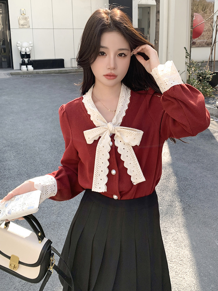 时尚甜美花边蝴蝶结长袖针织衫显瘦百搭女装毛衣上衣,针织衫/毛衣,鑫慧