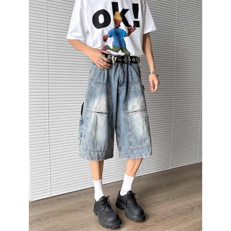 牛仔工装七分裤男2025夏季新款美式复古高街小众短裤D05512-P55图片