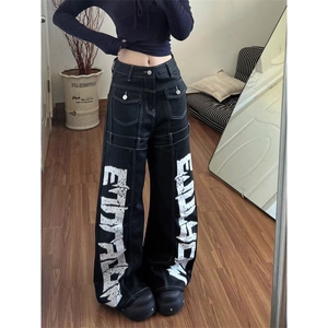 美式高街设计感解构弯刀牛仔裤男女宽松显瘦垂感阔腿裤WC665 P50图片