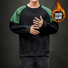 2019冬季新日系黑墙大码男宽松圆领拼接加绒加厚卫衣W653-P50，男装卫衣，电商A001