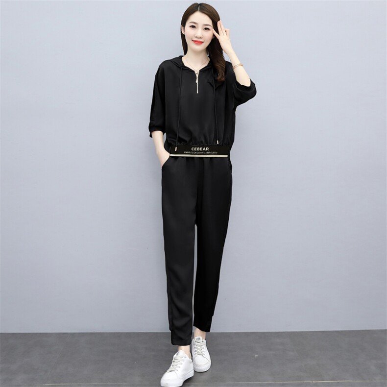 雪纺醋酸透气休闲女洋气短袖时尚气质夏束脚宽松裤运动潮，女装运动套装，一安秀