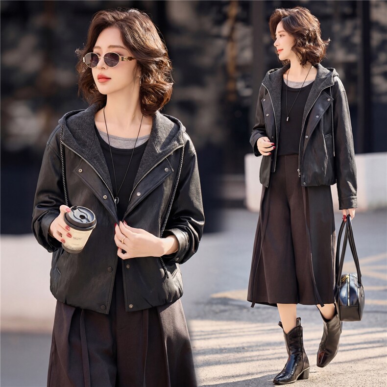 【春季女装新款】2026大量现货时尚休闲春秋连帽假两件皮衣外套，女装皮衣，缘衣格