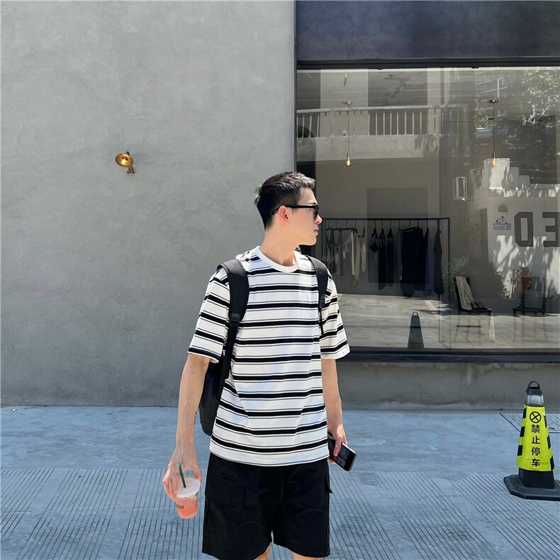 DT170-P40条纹t恤短袖男夏季日系复古宽松五分袖体恤-网图现货,男装T恤,星座603-2