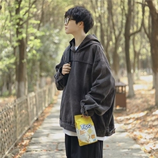 港风复古牛仔卫衣外套男连帽秋潮牌日系宽松夹克上衣服W4996-P65，男装大码男装，星座412-2