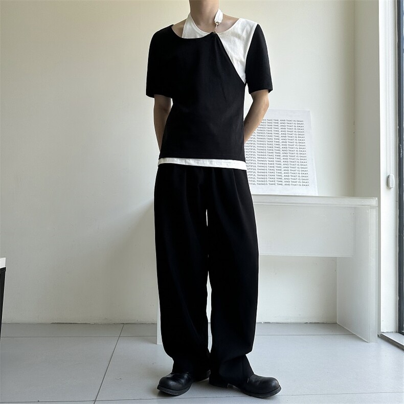 夏季新款不规则假两件正肩短袖T恤男时尚潮流上衣A345-601-P75,男装T恤,电商A345