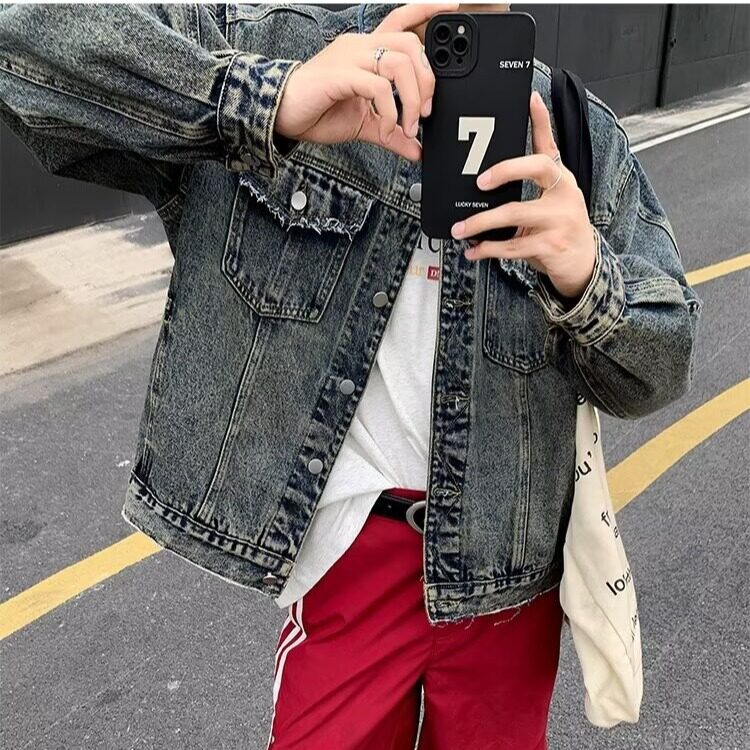 美式复古水洗牛仔夹外套男春秋季情侣款上衣宽松百搭做旧潮牌夹克,男装夹克,星座1013