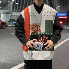毛衣马甲男港风ins复古绣花V领针织衫春秋季韩版潮流外穿坎肩背心，男装针织衫/毛衣，四季星座218-1