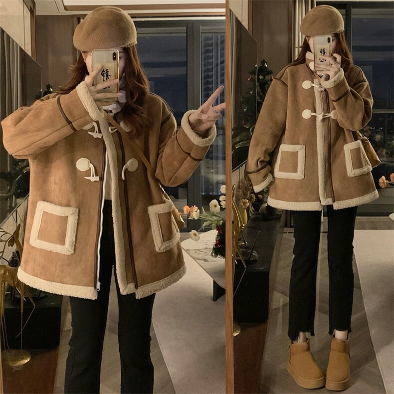 C929-P150 外套秋冬款2025新款女加绒加厚皮毛一体冬季羊羔绒棉服图片