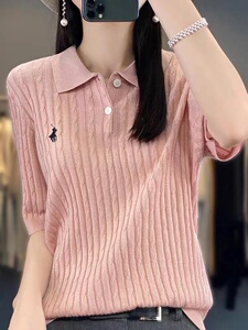 经典POLO领保罗刺绣精纺羊毛短袖女宽松显瘦扭花短款针织T恤简约图片