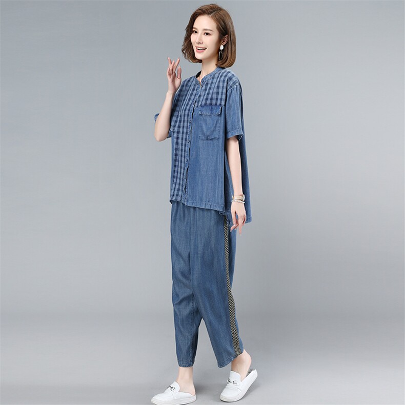 2021夏季新款简约时尚气质格子拼接水洗牛仔套装,女装套装/套裙,叶笙衣