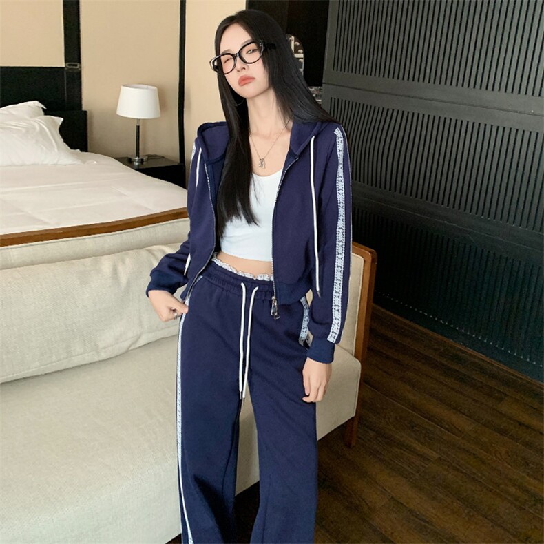 时尚休闲运动套装女春新款洋气减龄气质拉链连帽卫衣阔腿裤两件套,女装套装/套裙,江南