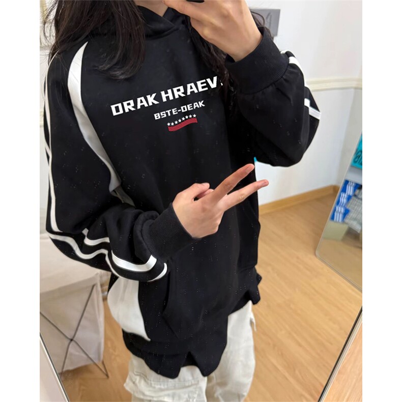 抖音得物品质美式高街宽松结构拼接撞色连帽印花卫衣外套AW13303,女装短外套,电商A443