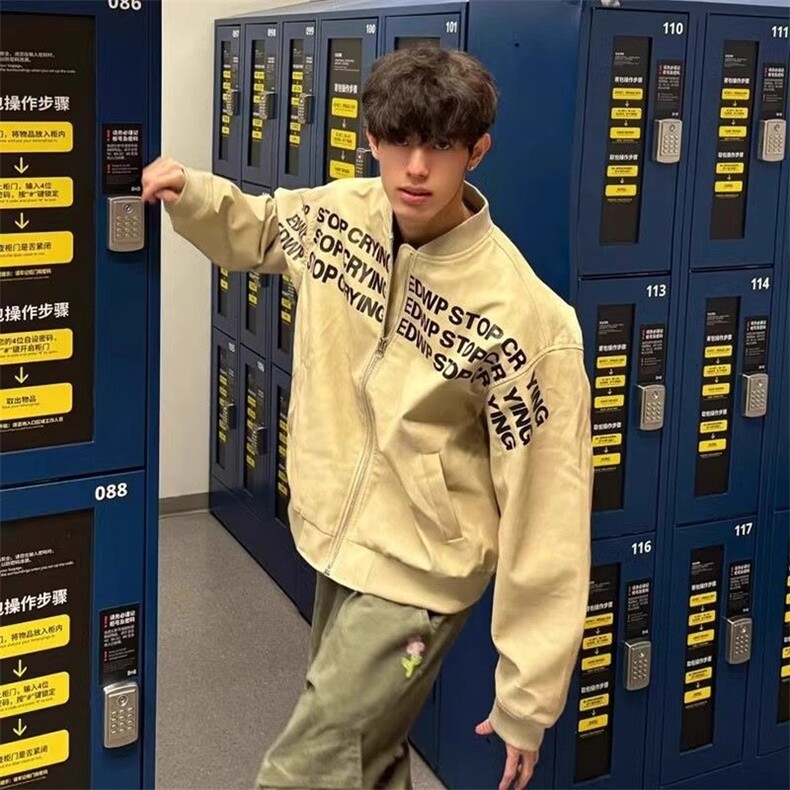 卡其色外套男春秋款美式立领棒球服潮牌cleanfit飞行员夹克JK720,男装夹克,星座516A
