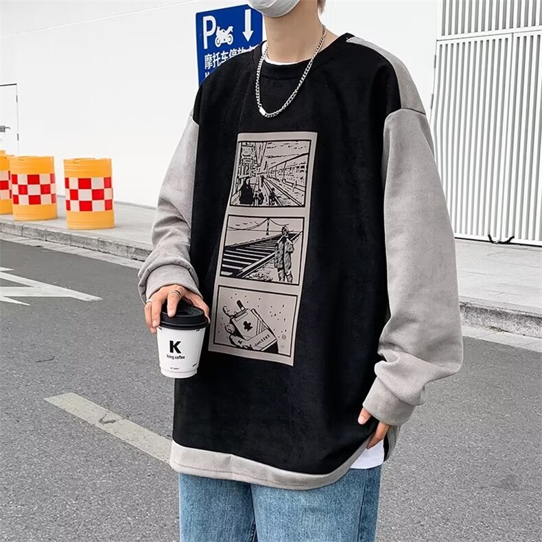 秋季港风拼接麂皮绒卫衣男潮牌圆领oversize百搭外套W5918-P35,男装卫衣,星座512-3