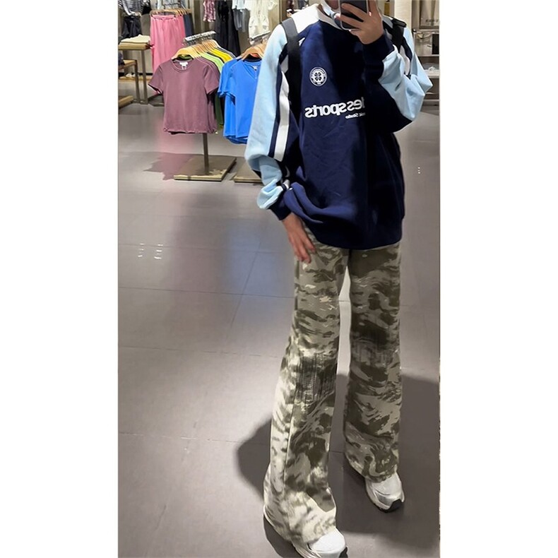 小众设计感迷彩牛仔裤男款美式vibe风裤子高街cleanfit直筒微喇裤,男装牛仔裤,星座1210-1