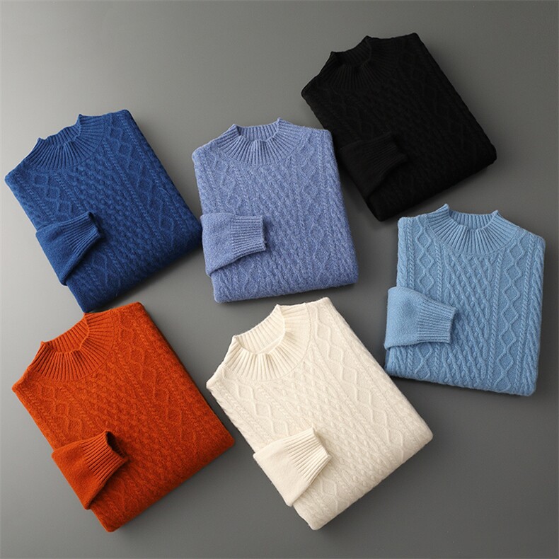 秋冬季新款舒适时尚百搭七针花型半高羊毛衫，男装羊毛衫，牧圣羊绒