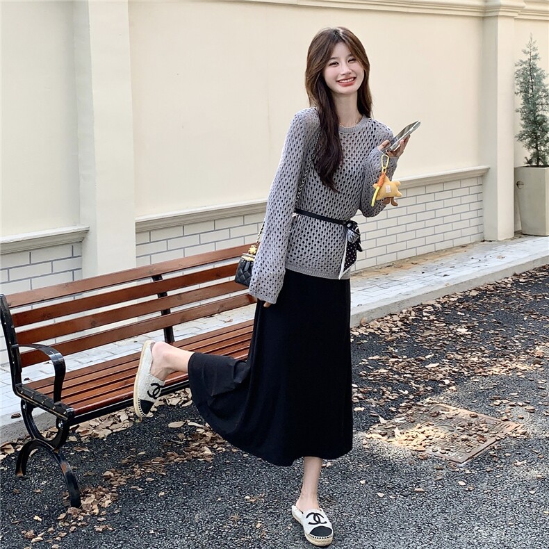 设计感镂空针织衫套装女2025早秋新款吊带背心裙两件套,女装连衣裙,维壹