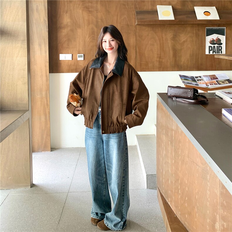 美拉德麂皮绒外套女宽松2025秋新款甜酷风小个子百搭短款夹克上衣,女装短外套,2C126