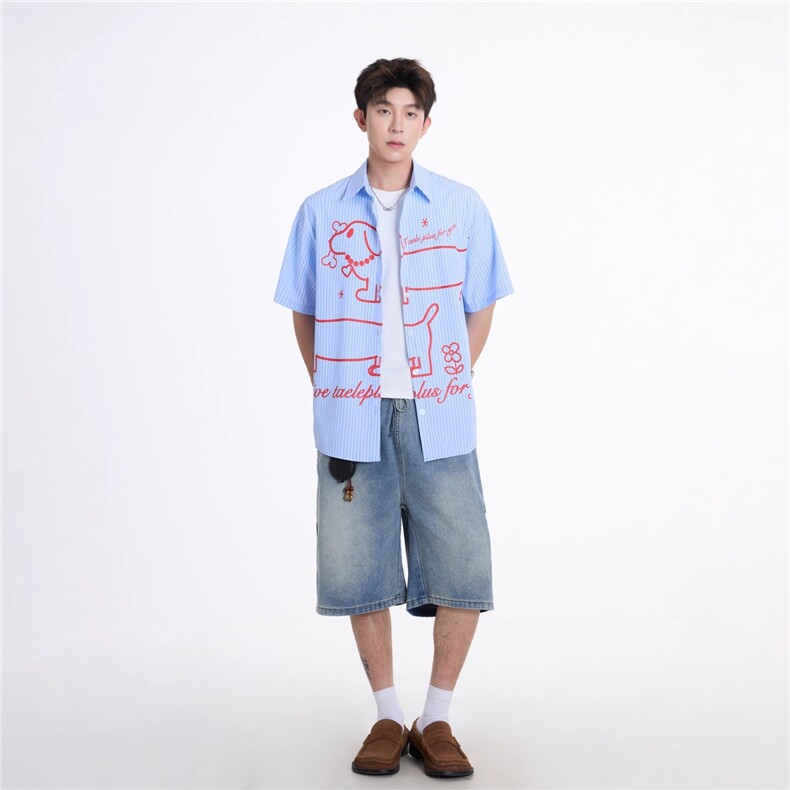 韩版学院风卡通小狗印花短袖条纹衬衫ins男女生夏季宽松慵懒外套,男装T恤,星座613