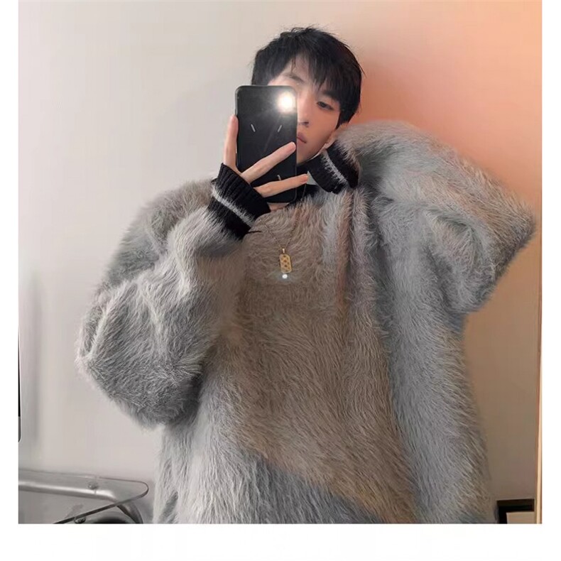 半高领条纹毛衣男冬季加厚马海毛慵懒风针织衫潮牌宽松高级感外套,男装针织衫/毛衣,星座506A