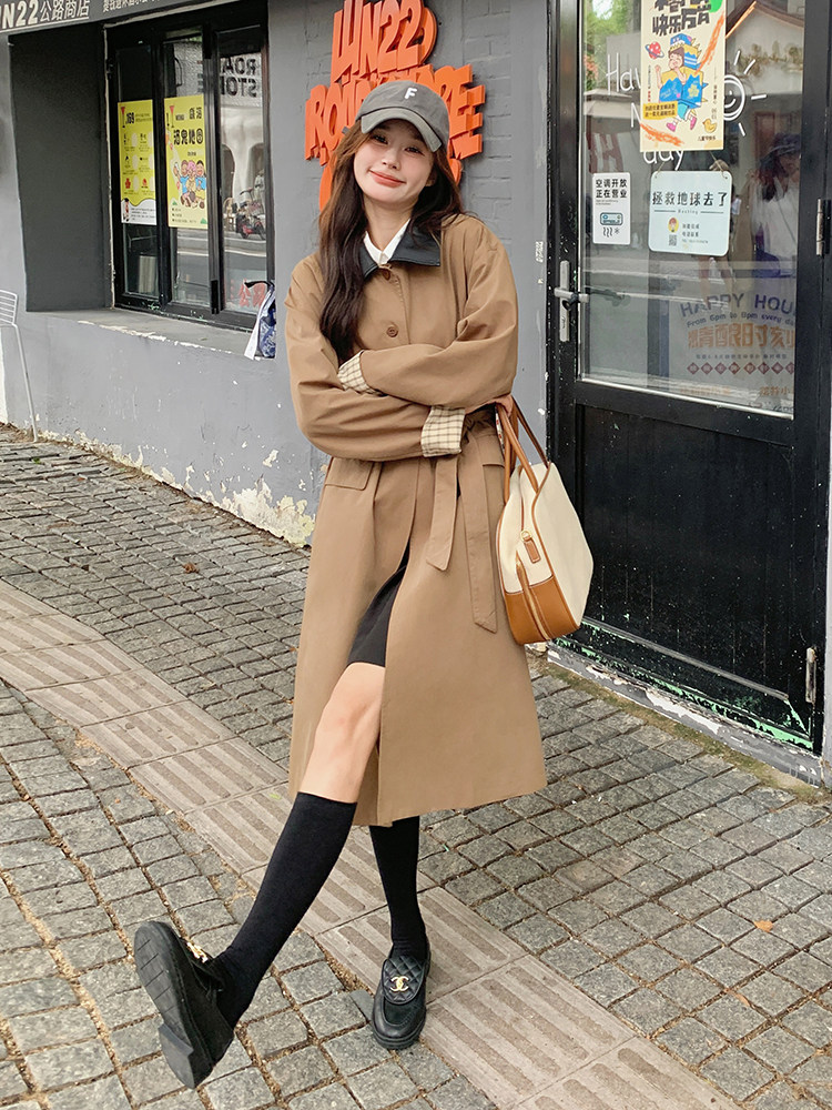 长款长袖薄款翻领女士格子领风衣韩版慵懒风大衣春秋气质小个子,女装风衣,蝶眷