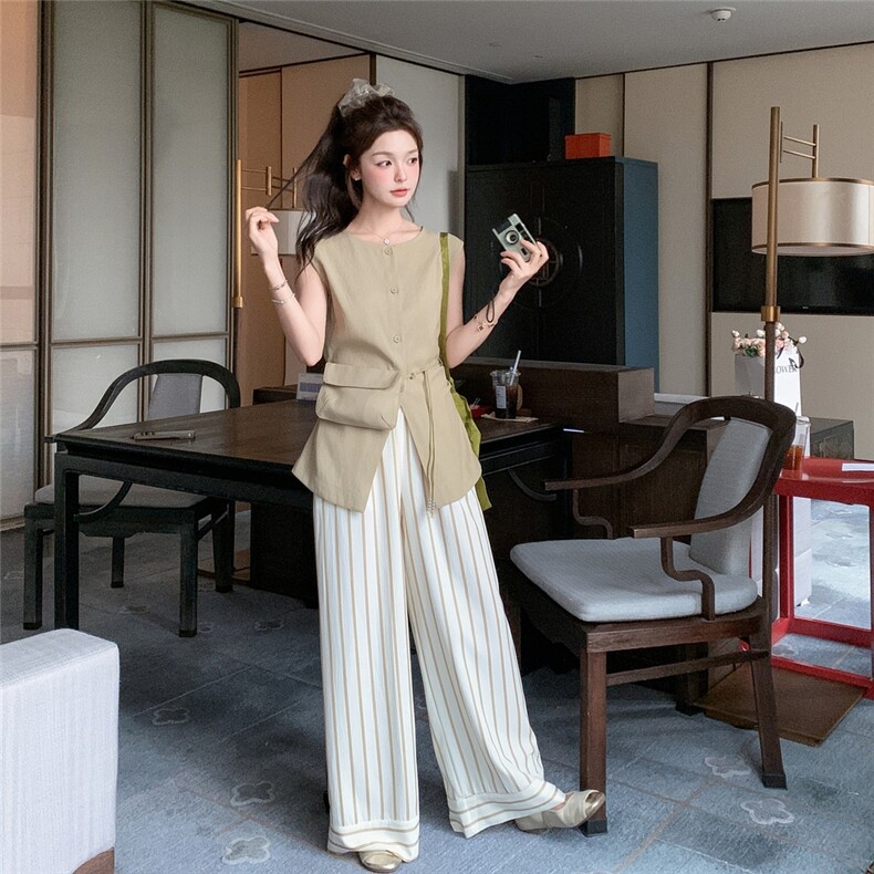 2025夏季新款韩系休闲简约开叉无袖衫竖条高腰显瘦阔腿裤两件套潮,女装套装/套裙,2C159