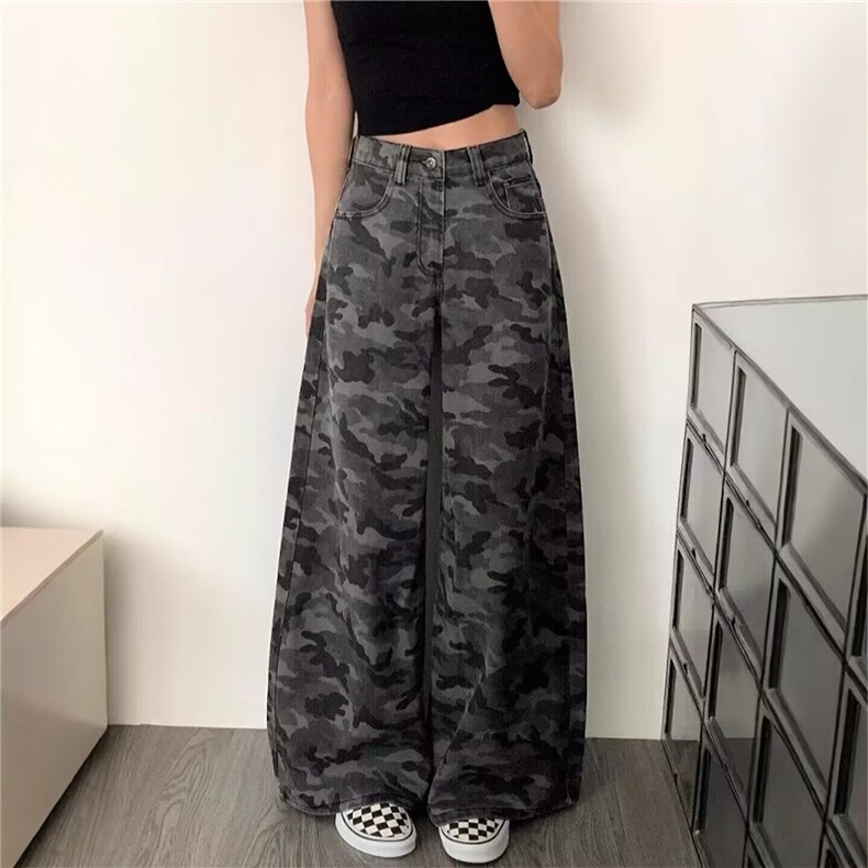 大码胖妹妹美式迷彩工装牛仔裤女阔腿裤梨形垂感拖地裤K6704-P42,男装牛仔裤,星座412-3