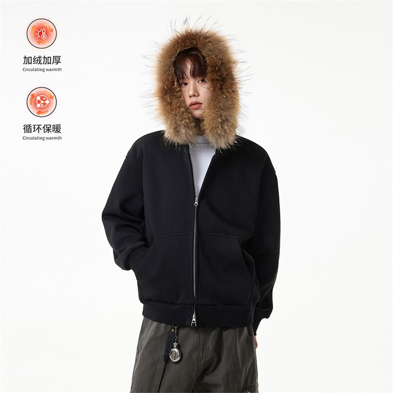 加绒卫衣开衫冬季连帽大毛领双拉链外套男女 5D4098-TP75118图片
