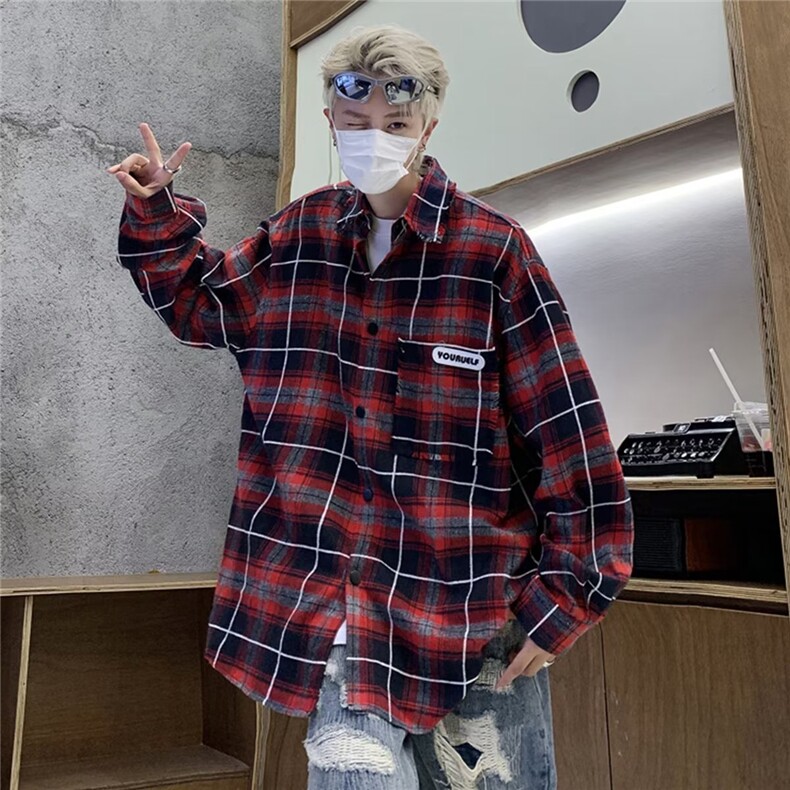 日系格子衬衫慵懒百搭气质流行文艺原宿潮流新款时尚ins简约，男装衬衫，星座506A