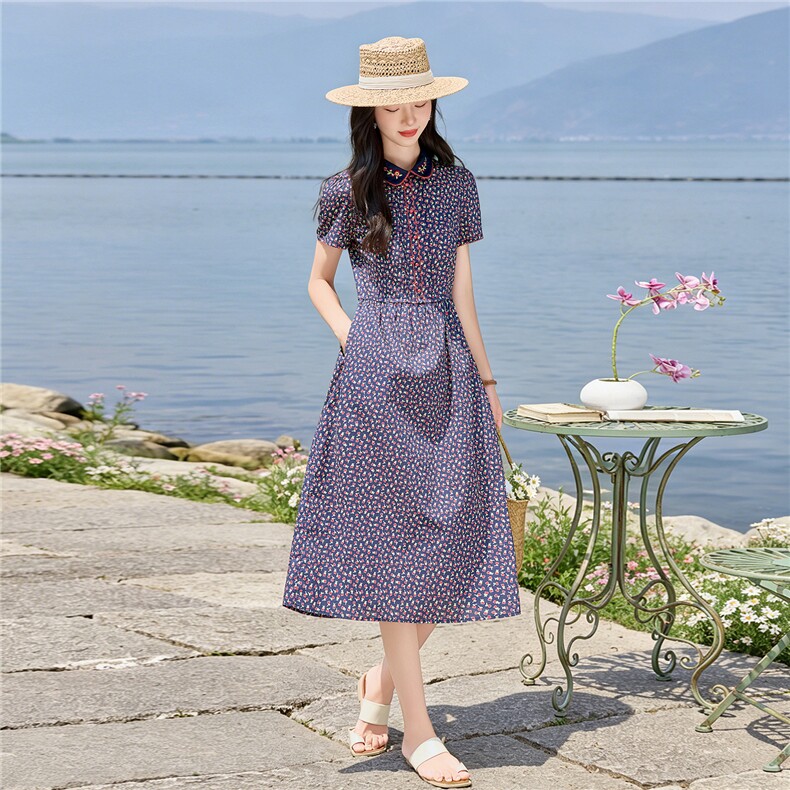 田园风碎花刺绣连衣裙女春夏收腰显瘦中长裙（细节图颜色为准）,女装连衣裙,水衣源
