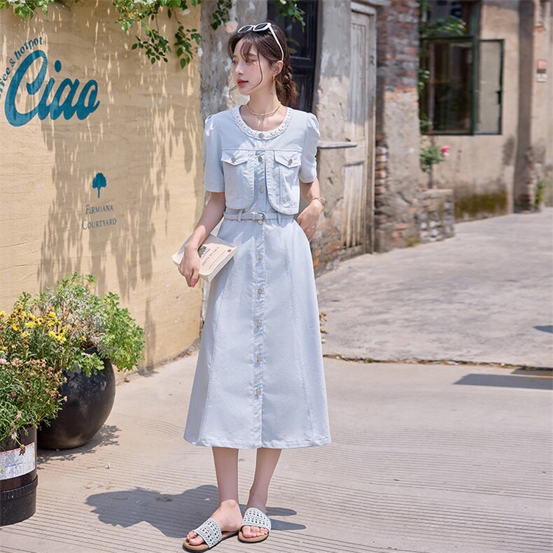 清新减龄蓝色牛仔连衣裙女2025夏季新款小个子收腰气质显瘦衬衫裙,女装连衣裙,沁沁公主