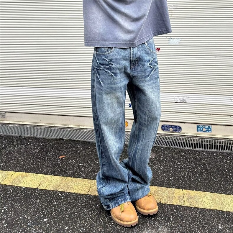 复古微喇水洗伐木工装牛仔裤男中腰显瘦秋季阔腿直筒长裤NZT800图片