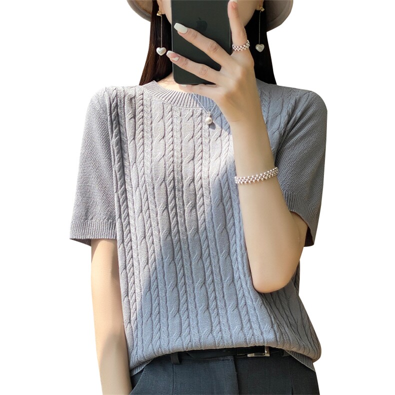 冰丝短袖t恤女夏季薄款新款宽松麻花内百搭针织打底衫女半袖上衣,针织衫/毛衣,萱芳婷羊绒
