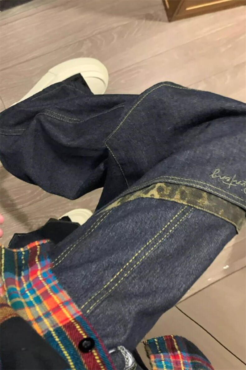 【有货】小众做旧阔腿豹纹拼接直筒休闲弯刀牛仔裤NZ566特P58,男装牛仔裤,星座908-1