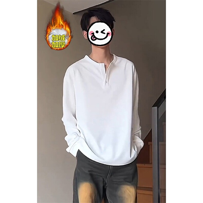 黑色亨利领华夫格长袖t恤男秋季极简风高级感穿搭一整套ootd套装图片