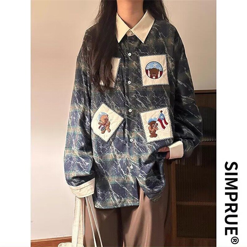 春秋美式复古格子小熊贴布绣长袖衬衫男女休闲宽松衬衣外套上衣潮,男装衬衫,星座506A