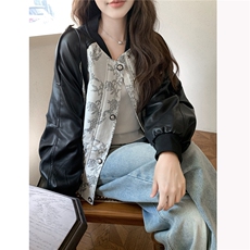 拉链中式纽扣棒球服常规女秋季短款时尚外套小众韩版春秋牛仔时尚，女装皮衣，2C057
