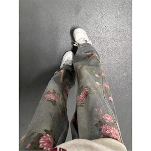 有货 美式高街牡丹提花牛仔裤男设计感小众直筒微喇长裤60600-P50图片