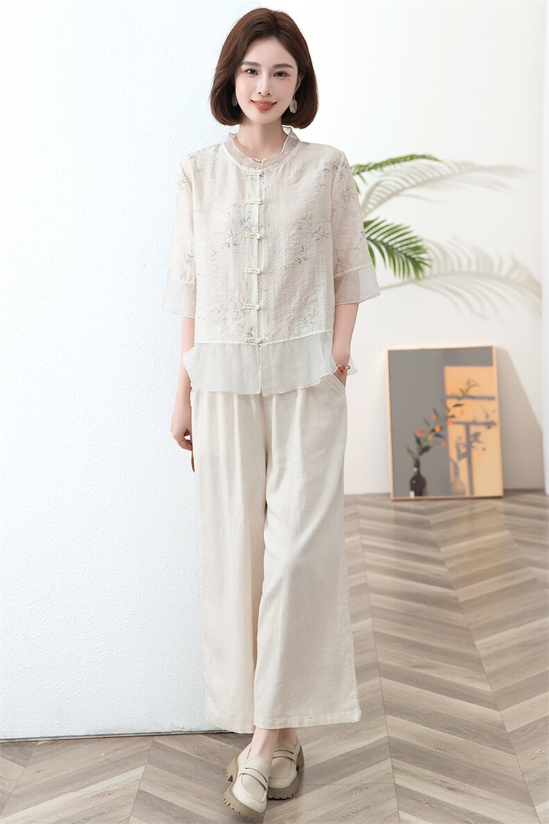 休闲套装女2024夏新中式短袖天丝小衫宽松阔腿裤印花薄两件套中年,女装套装/套裙,阿丹