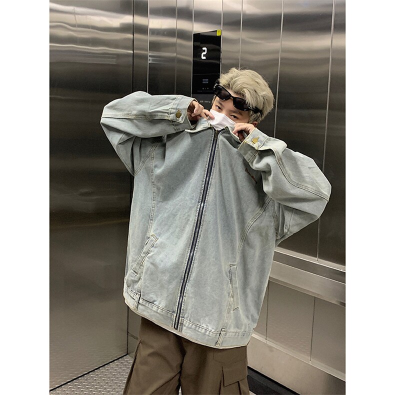 春秋季美式复古水洗做旧刺绣牛仔夹克潮牌宽松时尚百搭外套,男装夹克,星座410-7