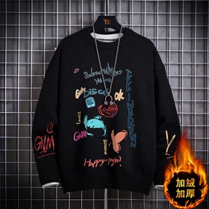 1日系圆领宽松中性情侣潮流大码M-5XL印花毛衣男7696P55加绒P70图片
