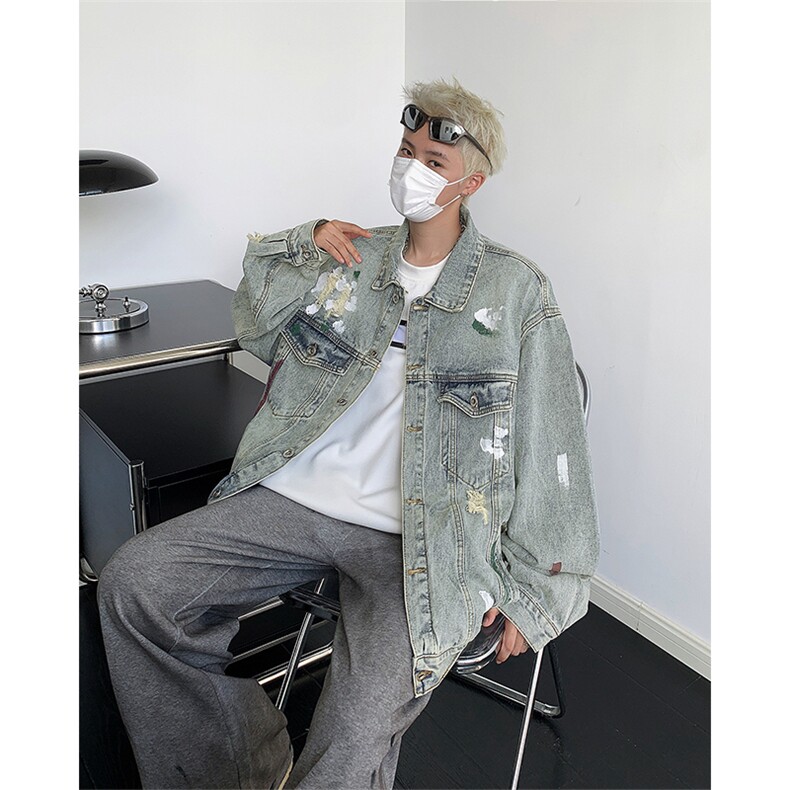 春秋季新款破洞牛仔外套美式潮牌做旧水洗宽松夹克上衣,男装夹克,星座410-7