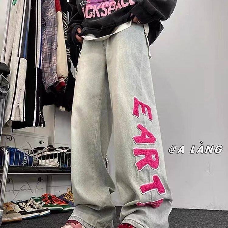 美式植绒字母新款hiphop牛仔裤vibe高街直筒宽松欧美潮牌裤子,男装牛仔裤,电商A426-1(原A430-1)