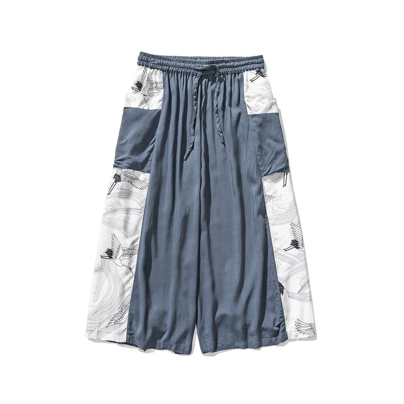 夏季大码风仙气汉服仙鹤古风坠感休闲宽松直筒宋裤K111/P70,男装民族服装,钱塘713
