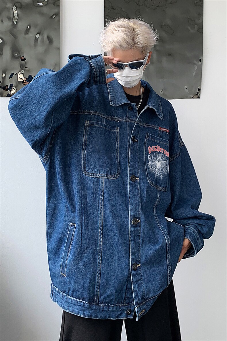 男装牛仔外套2026秋蜘蛛网字母印花男生翻领夹克XZ514-2-N101-P88,男装工装外套,星座514-2(原B239)