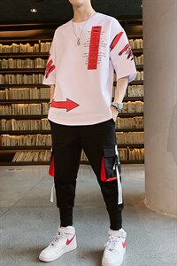 新款夏季短袖宽松T恤套装男装潮流时尚休闲两件套体恤套装F168P75图片